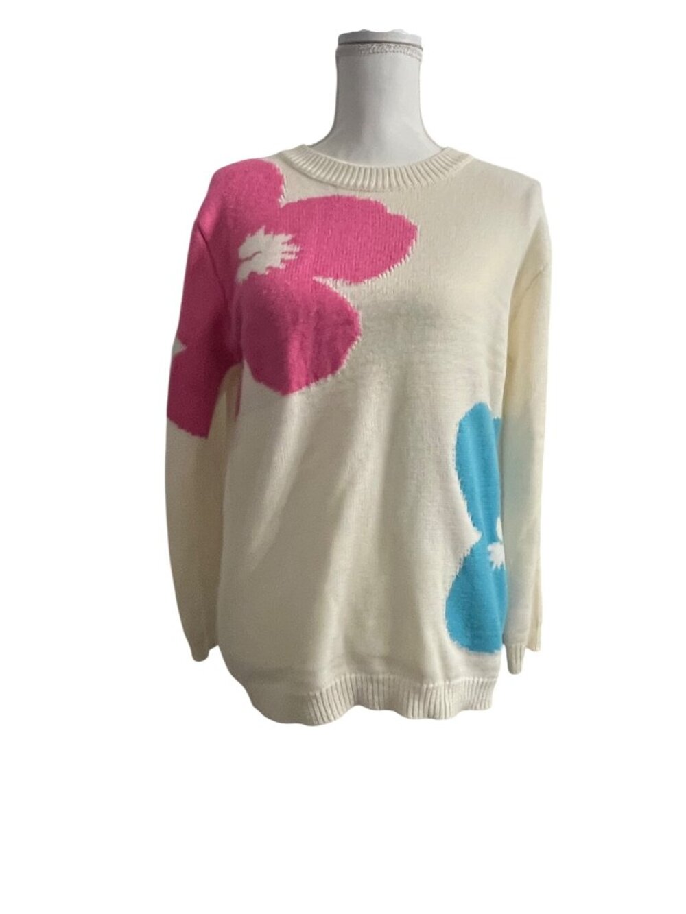 White Knit Sweater Pink & Blue Floral Crewneck Womens Cozy Pullover Sz S SHEIN